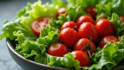 Freshly washed lettuce and cherry tomatoes in a salad bowl