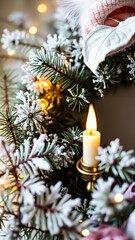 Canvas Print - lit candle a snowy evergreen wreath