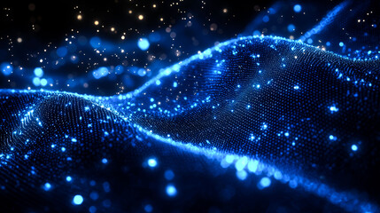 Abstract blue glowing wave pattern with bokeh lights.