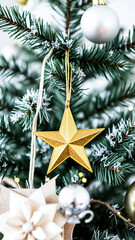 Wall Mural - glittering golden star ornament adorns a pine branch