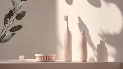 Wall Mural - minimalist scene featuring a dental hygiene set including an elegant toothbrush organic toothpaste a