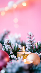 Wall Mural - lit candle among evergreen branches ornaments