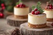 © Aliaksandra - holiday dessert display, mini cheesecakes displayed on a rustic wooden table with christmas decorations in the background and space for text