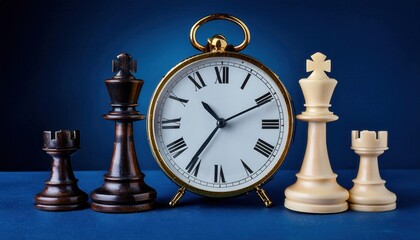 Mastering Chess Strategy and Time Control. Analog Alarm Clock with Chess Pieces Depicting the Crucial Balance of Tactical Decision Making and Time Management in High Stakes Competitive Play