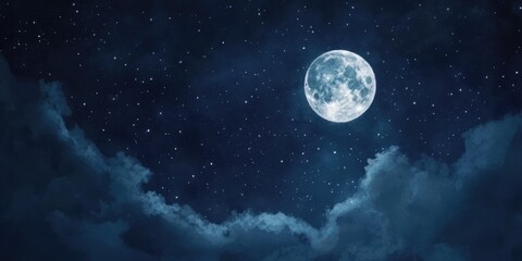 Celestial Night Sky. Hand-painted Watercolor Artwork of Moon and Stars on Deep Blue Space Background