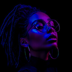 A beautiful woman with dreadlocks in an up do, wearing silver and purple glasses, standing against a dark background