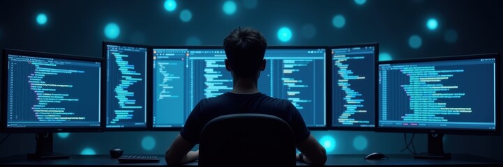 a programmer works intensely at a multi-monitor setup, immersed in coding and data analysis, embodyi