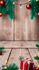 Poster - red gift box surrounded by festive decorations on a wooden surface