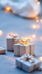 Poster - white gift boxes with golden ribbons warm lights