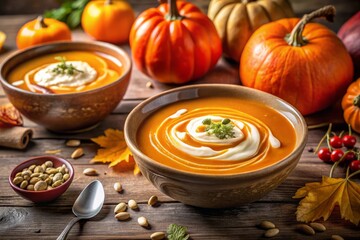 soup with meat and vegetables, delicious creamy pumpkin soup on a wooden table, autumn background