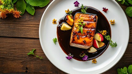 Top view of a gourmet foie gras dish on a white plate, garnished with caramelized apples, balsamic reduction, and edible flowers