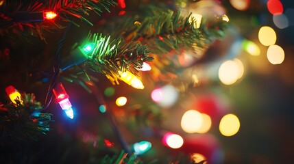 Close-up of Colorful Christmas Lights on a Green Tree Branch