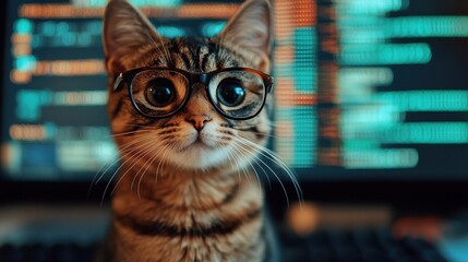 Cat with glasses sitting in front of a screen with a code