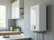 © useful pictures - Modern home gas boiler, water heater placed in apartment. White modern home gas copper mounted on a grey wall on a kitchen. Water heater. Water heating, ecology.