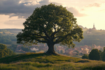 landscape with old oak tree in front of old european village, warm light of a summer evening, photorealistic