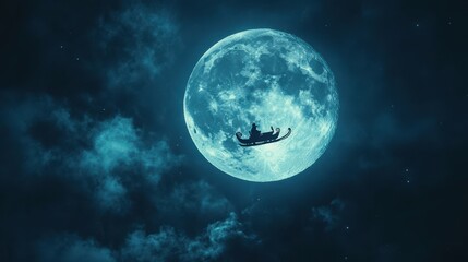 Wall Mural - Simple Santa sleigh flying across a full moon in a dark blue sky.