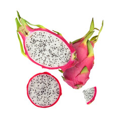 Poster - Yummy pitaya fruits in air on white background