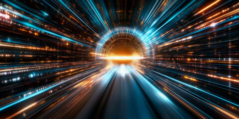 Digital Highway: A mesmerizing digital tunnel of light and speed, radiating a sense of dynamic movement and futuristic potential. The vibrant streaks of blue and orange illuminate the path forward.