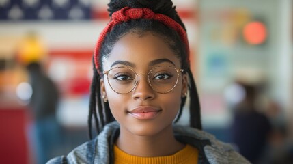 Wall Mural - young Black female USA American election voter portrait in front of American flag