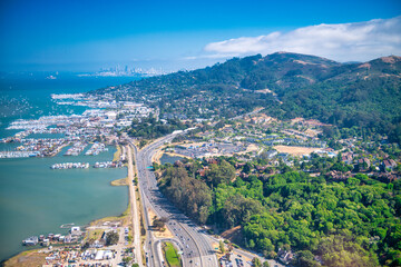 Wall Mural - Outskirts and countryside of Sausalito and San Francisco on a sunny day, aerial view