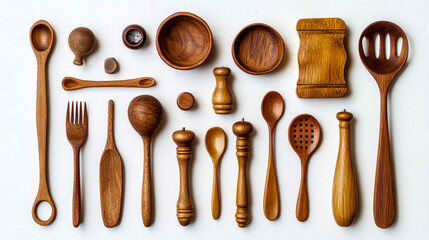 A collection of wooden cooking utensils, including a spoon, fork, and pepper mill