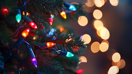 Close-up of Christmas lights on a green pine tree branch