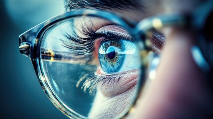 A close-up of an eye framed by glasses, focusing on the clarity of vision and the reflection of light on the lens