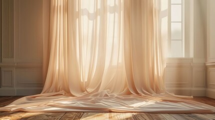 Sheer curtains pulled back to reveal a bright room with sunlight streaming in.