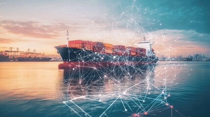 Container ship at sea with digital network links, network icon 