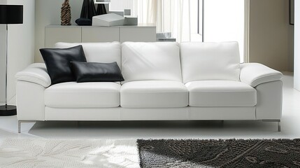 A modern white leather sofa with two black pillows sits on a white rug in a minimalist living room.