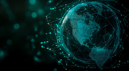 A futuristic digital globe with lines of code flowing around it, representing global connectivity