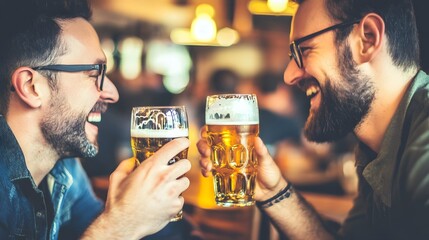 Two friends toast with beers and laugh together.