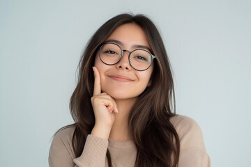 Wall Mural - A happy young woman wearing a glasses, with her index finger gently placed against her cheek, appearing to be in a thoughtful or curious pose isolated on white background.