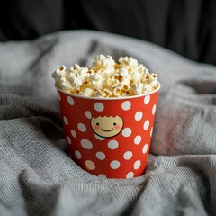 A bright red polka-dotted cup filled with fluffy popcorn, resting on a soft, textured fabric, exuding a playful and cozy vibe.