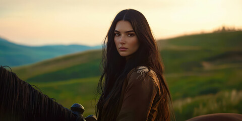 A woman with long hair is riding a horse in a field