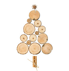 Wall Mural - christmas tree made from round sections of trees on isolated white background