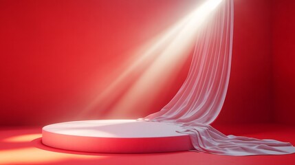 Wall Mural - stunning 3d podium with a flowing fabric curtain and a bright spotlight illuminating it set against 