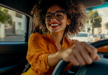 A happy woman in her car, wearing glasses and an orange blouse, is driving with one hand on the steering wheel