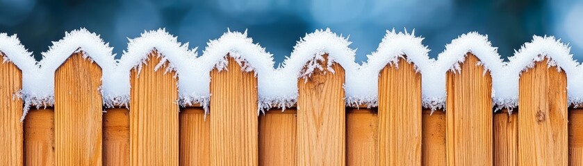 Wall Mural - Wooden fence covered in snow against a blurred winter background.