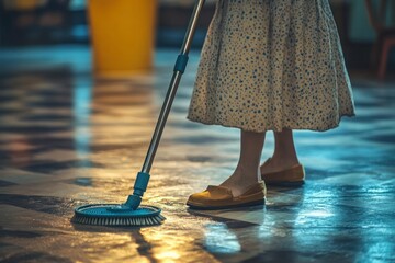 Close-up of a cleaning lady mopping the floor