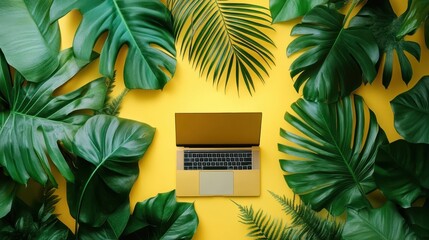 Wall Mural - A bright yellow workspace with a laptop and tropical leaves for a vibrant atmosphere