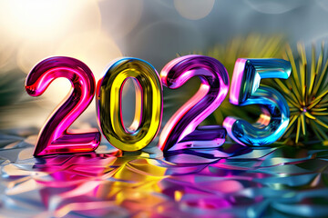 2025 sign banner. Neon colors. Blurred bokeh background with colorful lights. New Year festive celebration card invitation design.