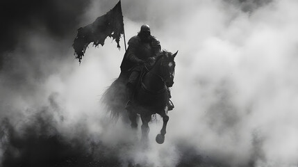 Dark Knight on Horse Amidst Mysterious Fog