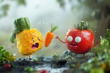 Whimsical showdown between cute characters representing healthy and unhealthy food choices in a playful and entertaining scene