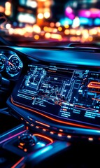 Futuristic car interior with glowing dashboard.