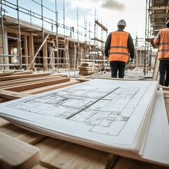 two male construction workers reviewing blueprints at a building site during the day.