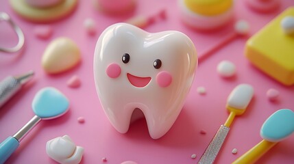 Wall Mural - vibrant 3d illustration featuring a cheerful smiling tooth surrounded by colorful dental tools set a