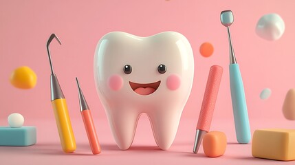 Wall Mural - vibrant 3d illustration featuring a cheerful smiling tooth surrounded by colorful dental tools set a