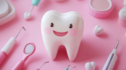 Wall Mural - vibrant 3d illustration featuring a cheerful smiling tooth surrounded by colorful dental tools set a