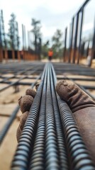 Close-up of hands in gloves holding steel rebar at a construction site.